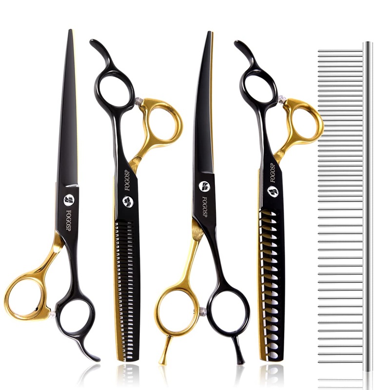 FOGOSP Dog Grooming Scissors Kit for Small Dogs, Black and Gold Two-Color Blender Shears Chunker Shears Curved Scissors Straight Scissors 4 pcs Set(Black&Gold,Kit)