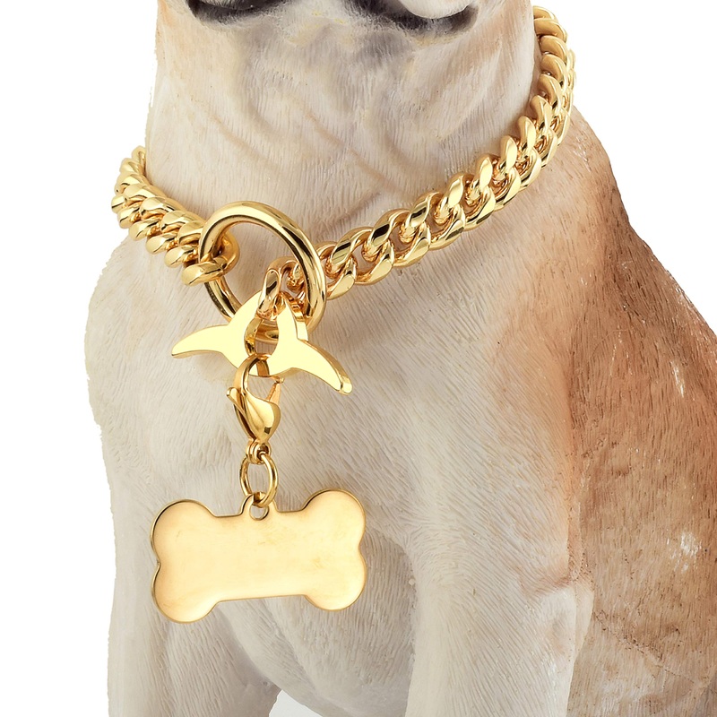 Jewelry Kingdom 1 Dog Chain Collar with Dog ID Tag 18K Cuban Link Chain 10MM Strong Heavy Duty Chew Proof Adjustable Training Walking Collar with Toggle Clasp for Small Medium Dogs 10inch to 24inch 12″(Fits Neck 8″-11″)