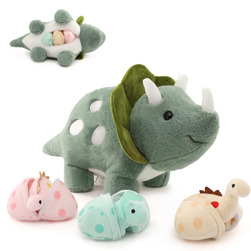 Karister 17.6in Plush Dinosaur Stuffed Animals,A Mommy Dinosaur with 3 Baby Dinosaurs,Triceratops, Tyrannosaurus Rex and Diplodocus. Triceratops