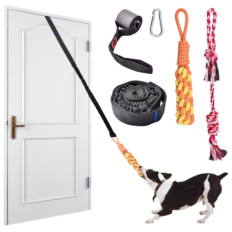 KATOLK Door Anchor Dog Hanging Bungee Tug Toy for Pull Rope and Tug of War, Indoor and Outdoor Pull Interactive Toy, Durable Retractable Tugger Dog Rope Toy with 2 Chew Rope Toys for Dogs and Cats