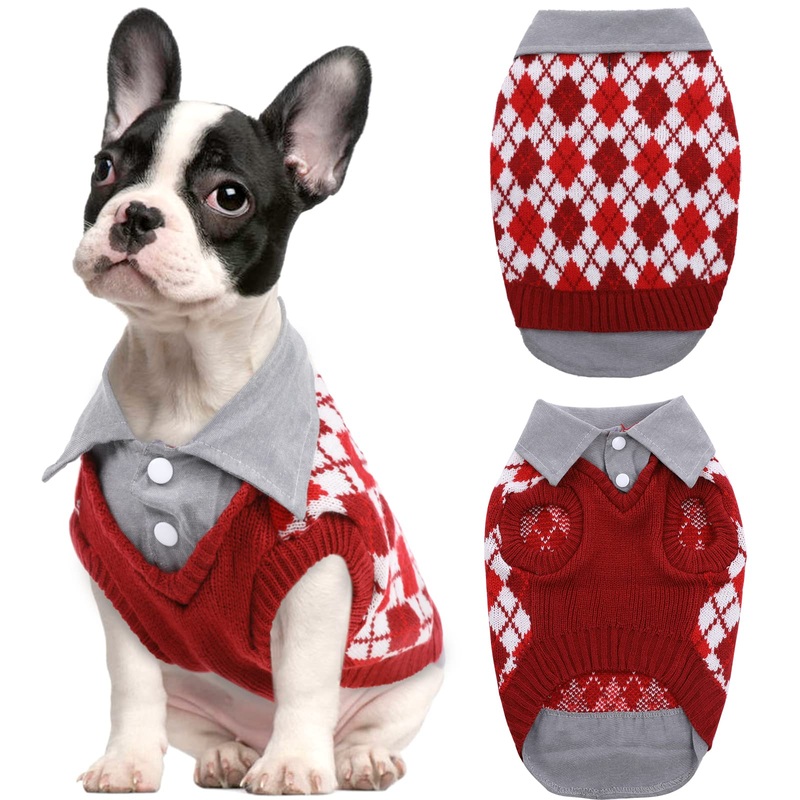 Kuoser Plaid Dog Sweater Warm Clothes, Patchwork Design Pet Dog Knitwear Classic Pullover Puppy Coat Cold Weather Sweatshirts with Leash Hole for Small Medium Cats Dogs Red X-Small (pack of 1)