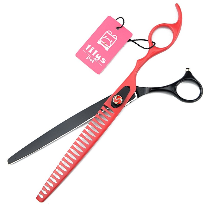 LILYS PET HIGH-END Series 8-Inch Japanese 440C Fishbone-Shaped Big Tooth Professional Pet Grooming Thinning Scissors with Beautiful Red Screw Black-Red