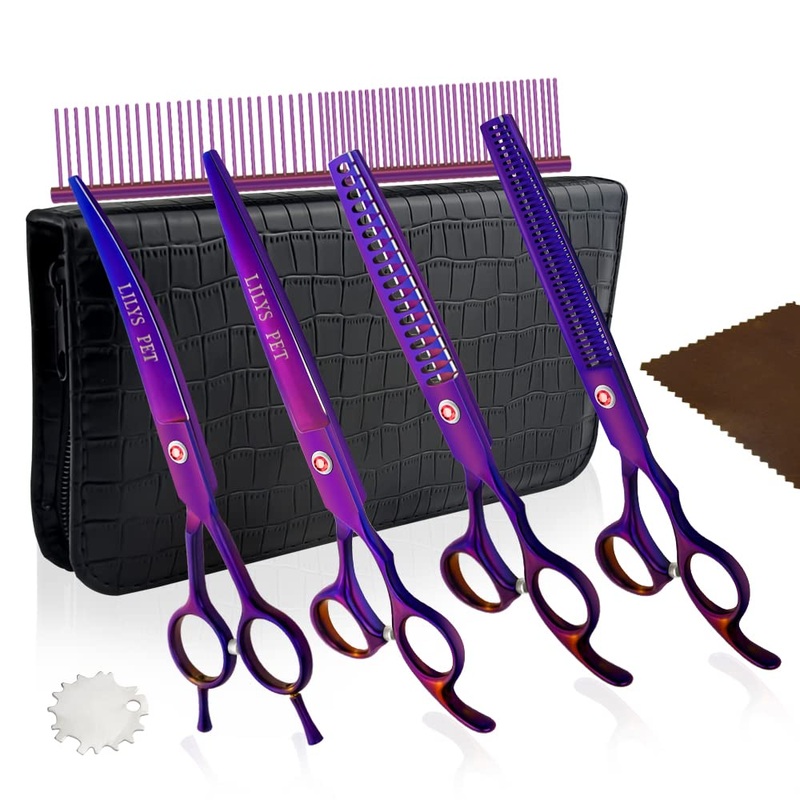 LILYS PET Professional PET Dog Grooming Titanium Scissors Set,Straight & Curved & Thinning & Chunker Scissors with 1 Grooming Comb for Dog Cat and More Pets Grooming (Purple)