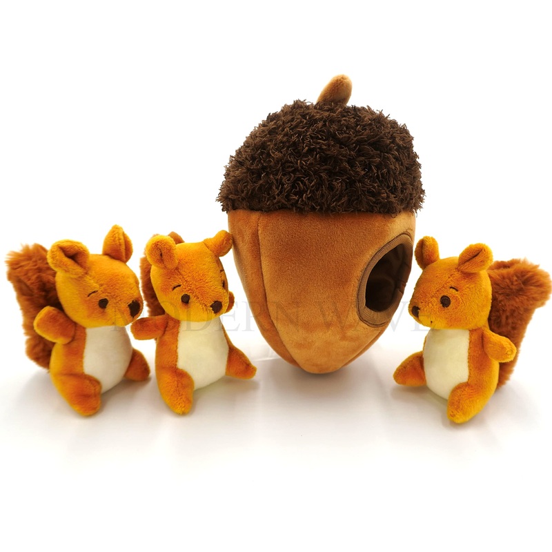 Modern Wave – Squeaky Plush Dog Toy – Interactive Hide and Seek Squirrel Type Puzzle Toy for Dogs, Small – Medium Size Acorn and Squirrels