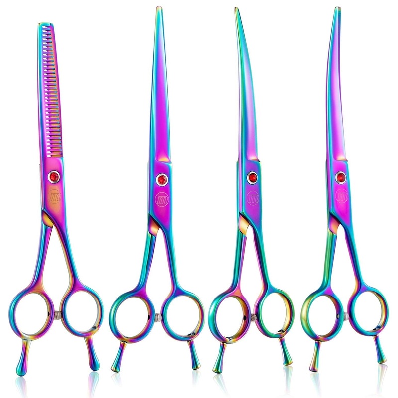 Moontay 7 Inches Dog Grooming Scissors Set, Reversible Thinning, Chunking, Curved, Straight Cat Pet Fur Trimming Blender Chunker Shears for Grooming Full Body, Professional Quality Thinner Set-Multicolor