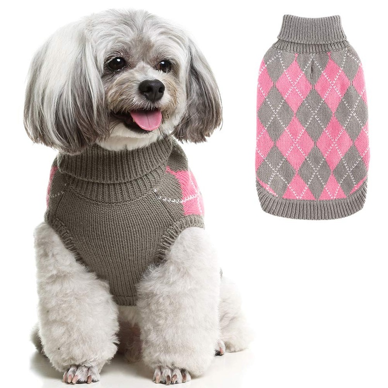 PAWCHIE Classic Dog Sweater Knit Turtleneck, Plaid Knitwear Sweaters, Warm Clothes for Small to Large Dogs S Grey & Pink