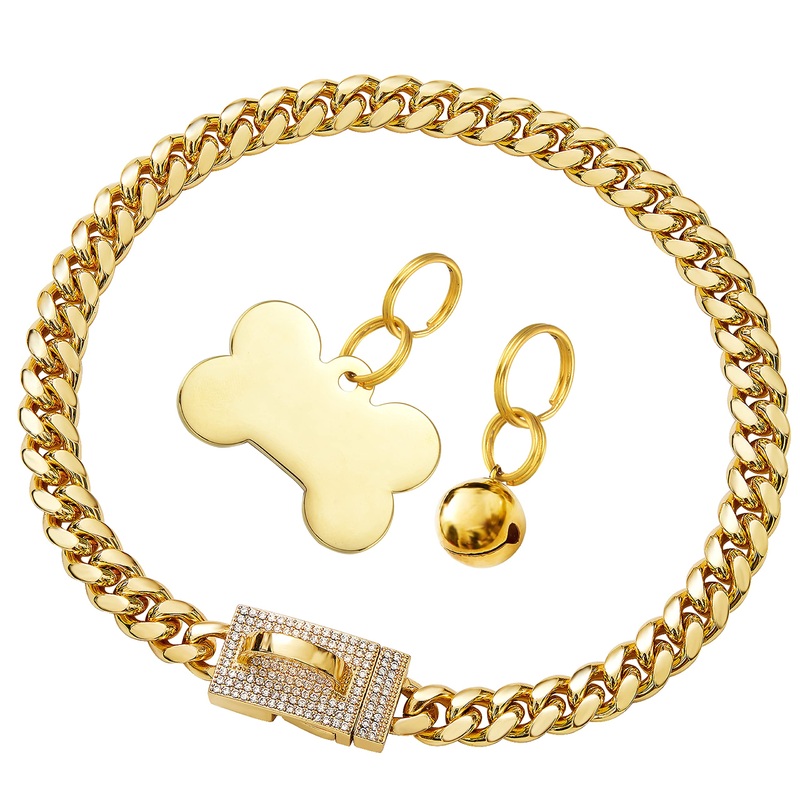 RILPET Gold Dog Chain Collar Walking Metal Chain Collar with Design Secure Buckle and Dog ID Tag and Bell 18K Gold Cuban Link Strong Heavy Duty Chew Proof Choker Collar for Small, Medium Dogs 10” (for 7”~9.5”Neck)
