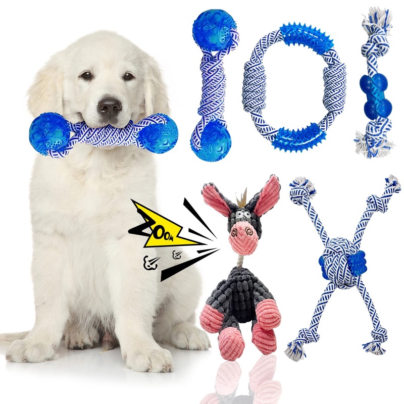 Rope Dog Toys 5 Pack with Squeaky Dog Toys, Dog Toys for Small Large Medium Dogs chew,for Teething Small Dogs, Convex Design Durable chew Rubber Balls,Funny Dog Toys donkey