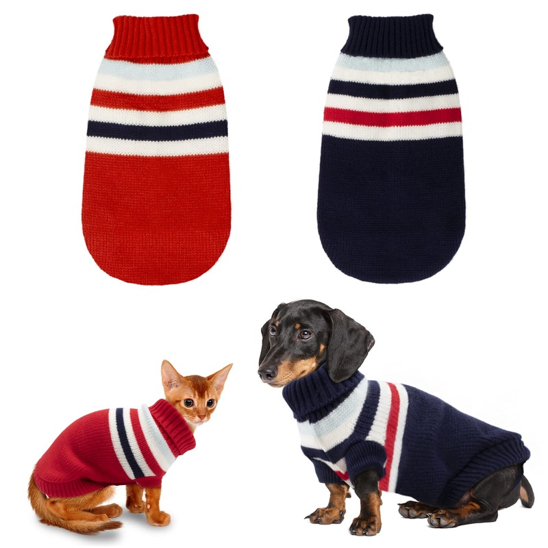 Rypet 2 Packs Striped Cat Sweater – Warm Knitted Sweater Turtleneck Cat Winter Clothes for Kittys and Small Dogs X-Small (Pack of 2)