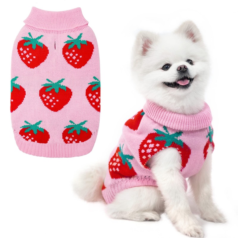 SCIROKKO Dog Sweaters for Small Dogs – Cute Girl Dog Clothes Knitwear Warm Puppy Winter Sweater, Pink Strawberry S/M (Chest 20″, Back 16″)