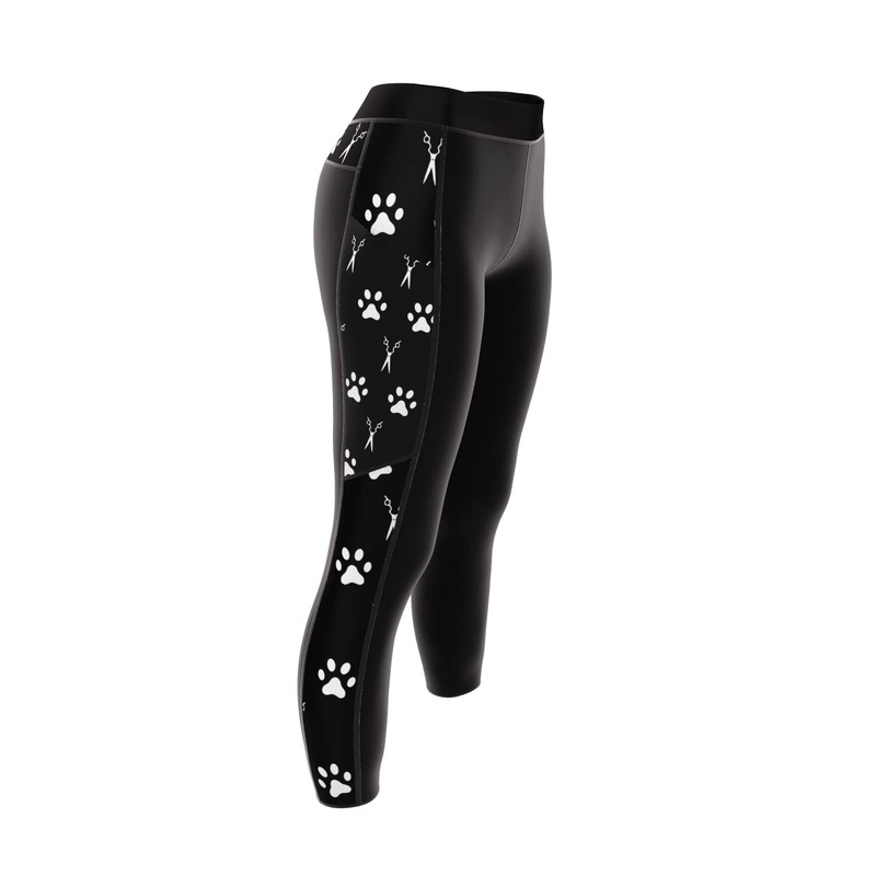 Scissor and Paw Print Dog Grooming Leggings (Large) Black Large