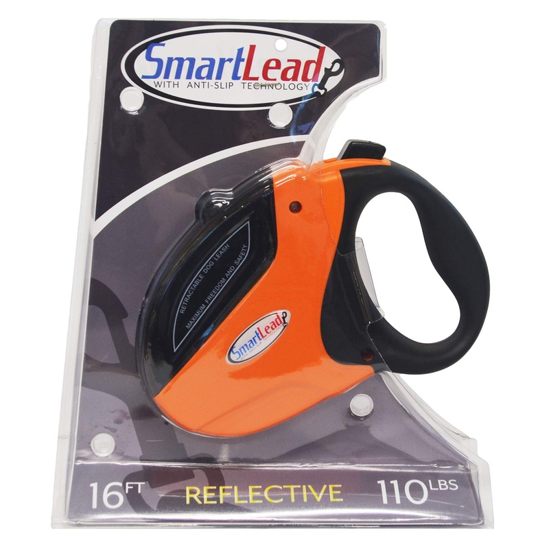SmartLead Retractable, Reflective, Heavy-Duty 16-Foot Nylon Dog Leash, Tangle Free, Anti-Slip Brake Technology, Easy Grip Handle, Good for Dogs up to 110 Pounds  Orange (RL05OR)