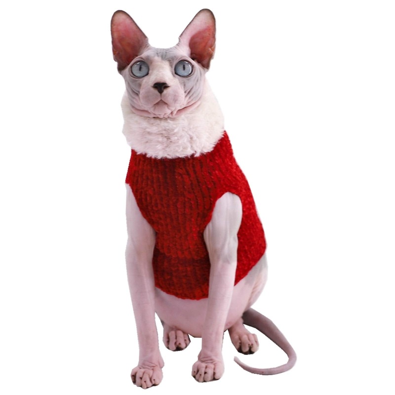 Sphynx Cat Clothes Winter Warm Faux Fur Sweater Outfit, Fashion high Collar Coat for Cats Pajamas for Cats and Small Dogs Apparel, Hairless cat Shirts Sweaters Large (Pack of 1) Christmas Wine