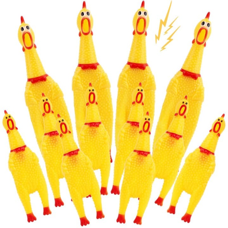 12 Pack 11 Inch 6.3 Inch Rubber Chicken Squeaky Toy Squeaky Chick Toys Yellow Screaming Chicken Yellow Screaming Chicken for Novelty Gag Gift Prank Noise Maker Toys, 2 Sizes