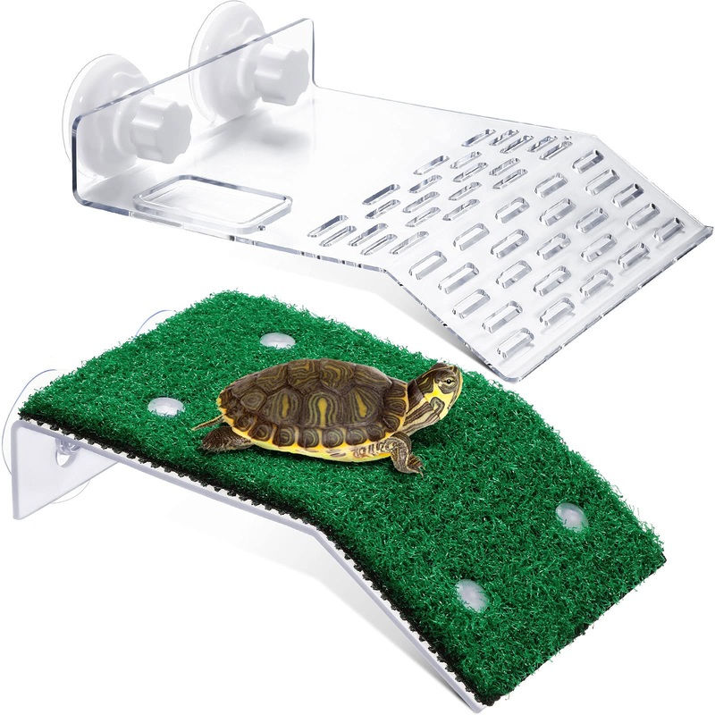2 Pieces Turtle Basking Platform Large Transparent Fish Tank Aquarium Platform with Suction Cups and Artificial Grass Pier Medium Tortoise Ramp Reptile Ladder Dock Fish Turtle Tank Decor Accessories