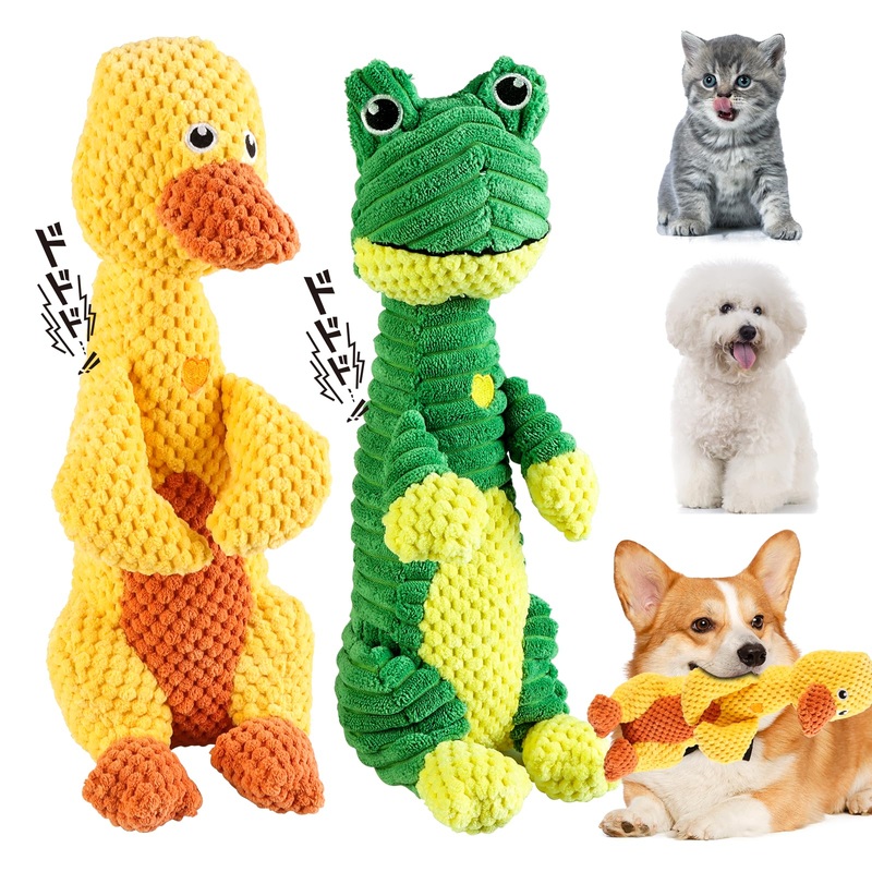 2PCS Durachew Dog Toy, Wowpetsmart Invincible Chewanimals, Large Dog Toys to Keep Them Busy, Squeaky Stuffed Plushy Dog Toy (Duck & Frog)