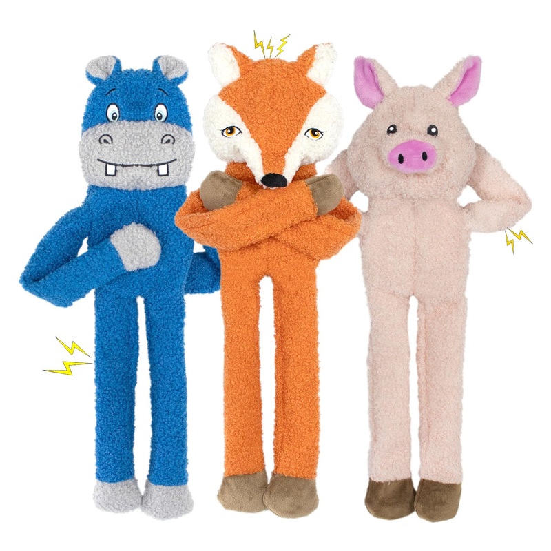 3 Pack No Stuffing Crinkle Squeaky Interactive Plush Dog Chew Toys to Keep Puppy Busy for Boredom & Enrichment Small & Medium Breeds Furry Friend Teething Orange Fox Pink Pig Blue Hippo