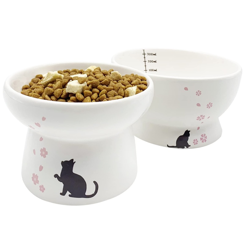 BNOSDM Ceramic Raised Cat Food Bowls 2 PCS Elevated Food and Water Bowls Set Tilted Cat Feeding Dishes Pet Feeder Bowl Dish for Cats Kitten Puppy Small Dog