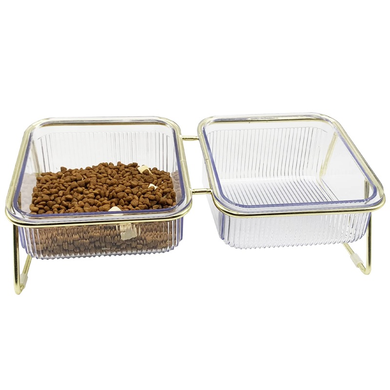 BNOSDM Elevated Double Cat Bowls with Gold Stand 15 Tilted Raise Food and Water Dishes, Plastic Transparent Pet Bowl Set for Indoor Kittien Small Dog