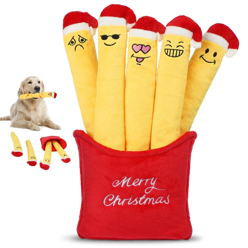 Christmas Dog Toys with Squeakers, 5 Pack Plush Fries with Squeakers, Christmas Dog Chew Fries Dog Toys with Mood Patterns, Funny Squeaky Interactive Dog Chew Toys for Small, Medium and Large Dogs