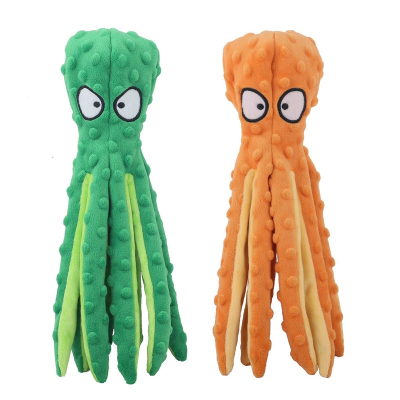 Dog Squeaky Toys Octopus – No Stuffing Crinkle Plush Toys for Puppy Teething, Durable Interactive Chew Toys for Small, Medium and Large Dogs Training and Reduce Boredom, 2 Pack Orange+Green