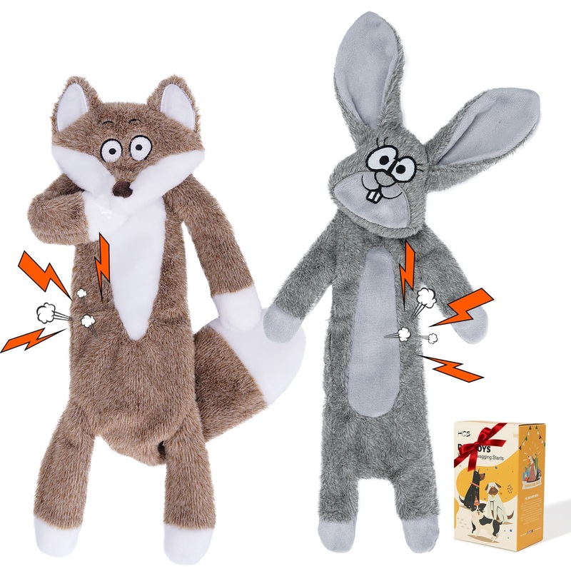 HGB Squeaky Dog Toys, No Stuffing Crinkle Dog Toys for Large Medium Small Dogs, Plush Dog Toys to Keep Them Busy, Dog Chew Toys for Puppy Teething, Pet Toys, 2 Pack Bunny & Redfox