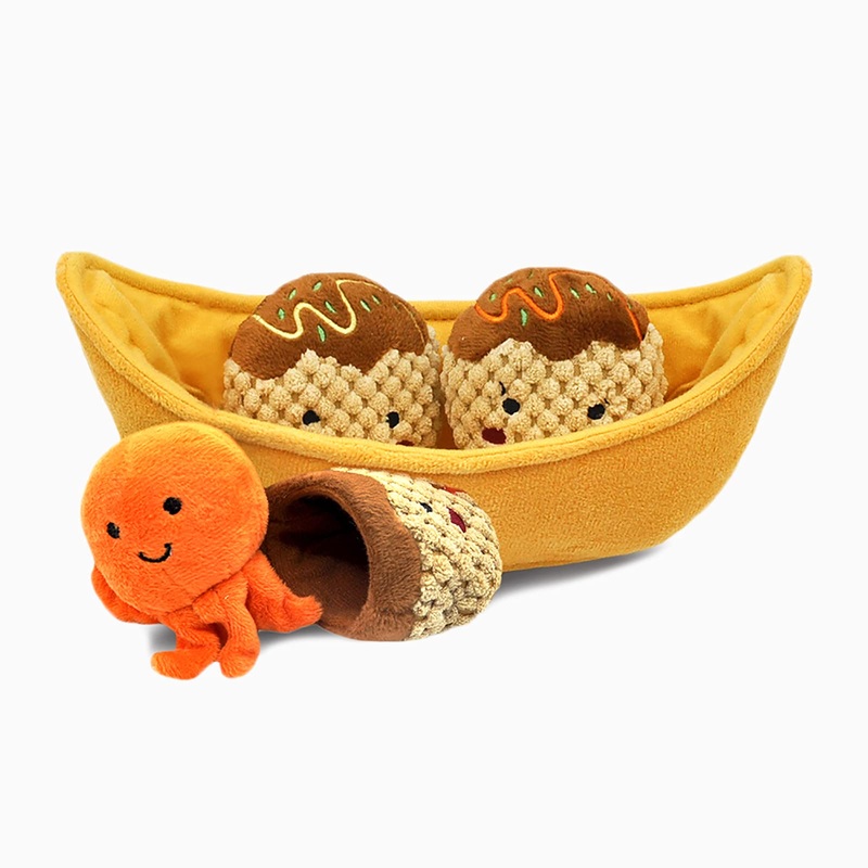 HugSmart Pet  Foodie Japan Takoyaki | Squeaky Interactive Dog Puzzle Toys | 3-in-1 Hide and Seek Plush Dog Toys | Plush Treat Dispensing Snuffle Toy for Dogs – Small, Medium and Large Breed