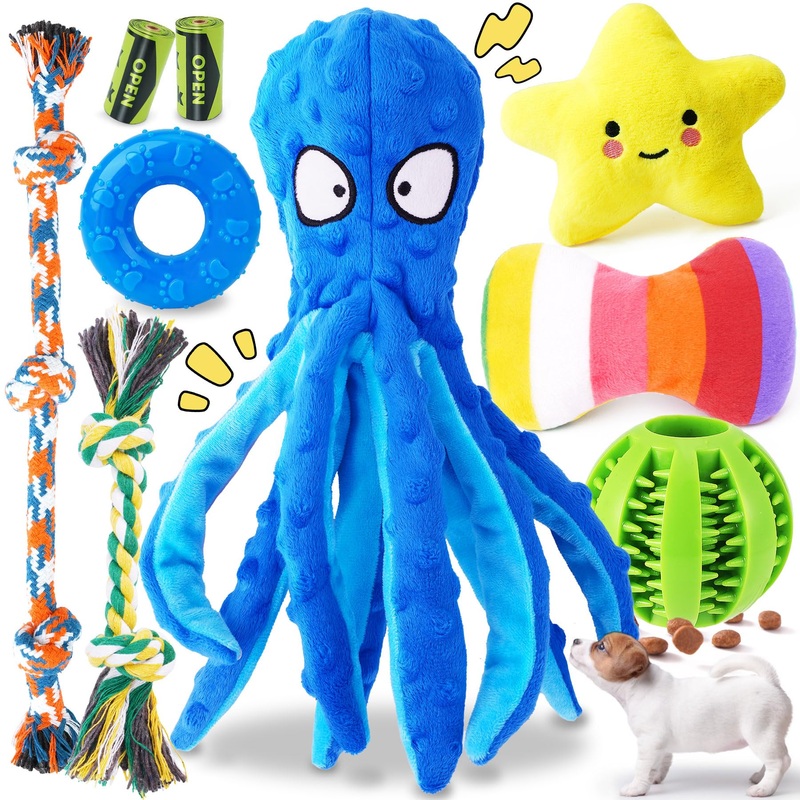 KIPRITII 9-Pack Interactive Puppy Dog Toys for Small Dogs No-Stuffing Squeaky Octopus-Shaped Toy, Cute Plush & Engaging Chew Toys for Puppy Teething to Keep Them Busy