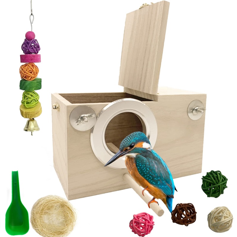 MUYG Parakeet Breeding Box Birds Natural Wooden House Lovebird Nesting Mating Box 7Pcs Bird Supplies for Cockatiel Finch Canary Budgie Aviary (7.674.72×4.72 in)