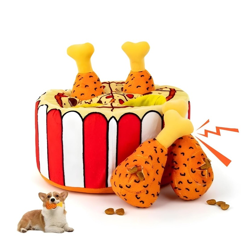 Styly Pet Supplies Crinkle Dog chew Toy for Small, Medium, and Large Breeds No Stuffing Plush Enrichment Squeak Toys Fried Chicken Legs Pizza Snuffle Squeaky Puzzle Cognitive Toys for Dogs.