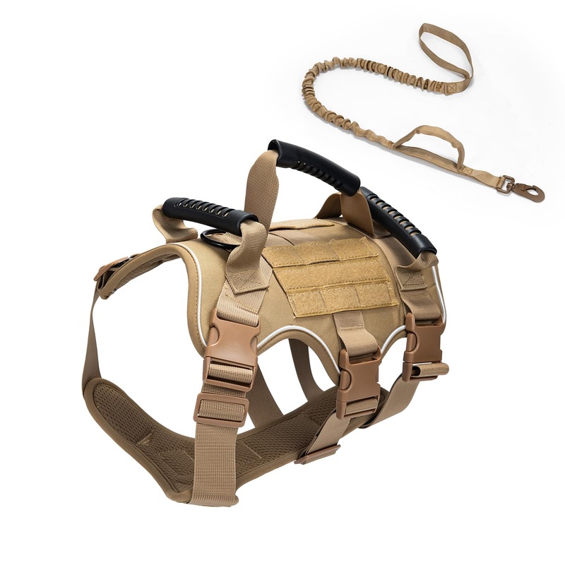 Tactical Dog Harness for Large Breeds  Adjustable No Pull, Military Style with Reflective Fluorescent Strips, MOLLE Compatible, Durable Nylon, for Outdoor & Training. (Khaki+Rope, Medium) Khaki+rope M+Rope