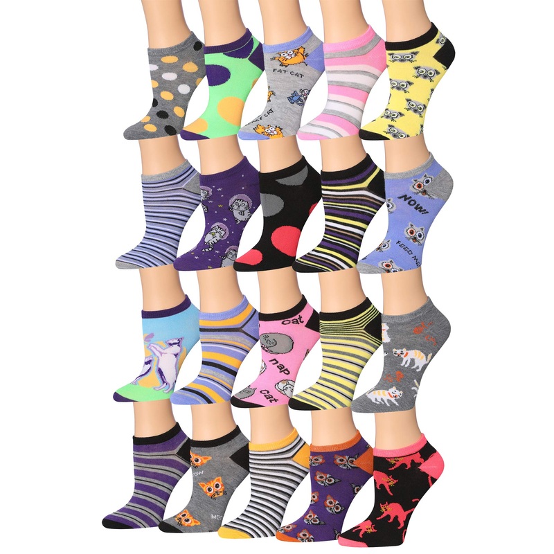 Tipi Toe Women’s20 Pairs Colorful Patterned Fashion Novelty Animal Cat Dog Monkey DesignerLow Cut/No Show Socks Fat Cat