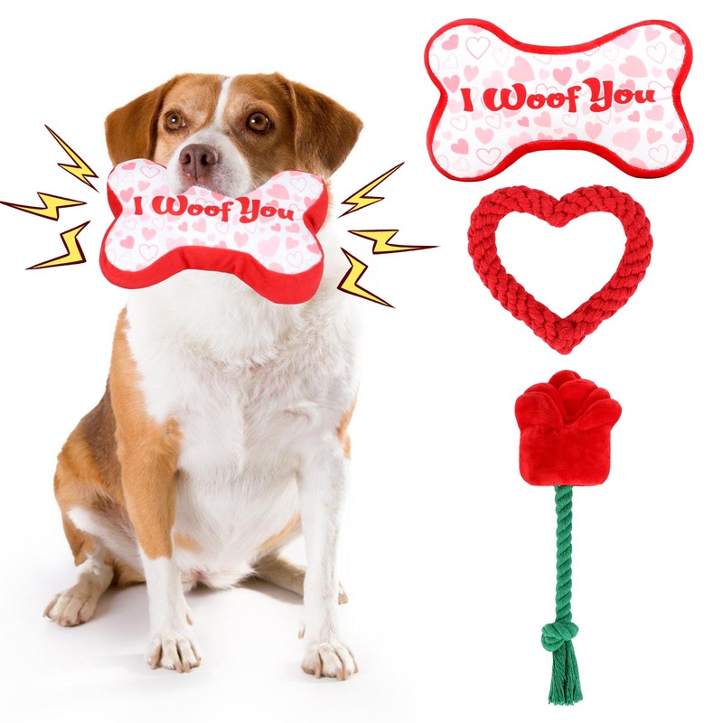 YUEPET Squeaky Valentine’s Day Pet Toys 3 Piece Set,Interactive Rose Puzzle Toys, Soft Plush Heart-Shaped Rope Bone Dog Toy with Squeaker Crinkle Paper Puppy Chew Toys for Small Medium Dogs Teething