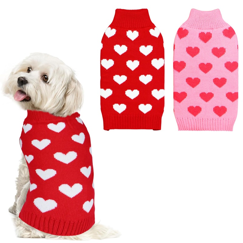 2 Pack Dog Valentine Sweater, Dog Valentines Day Clothes Dog Valentines Outfit Knitted Dog Heart Sweater for Small Medium Large Dogs Pets (Red & Pink, Large) Red & Pink