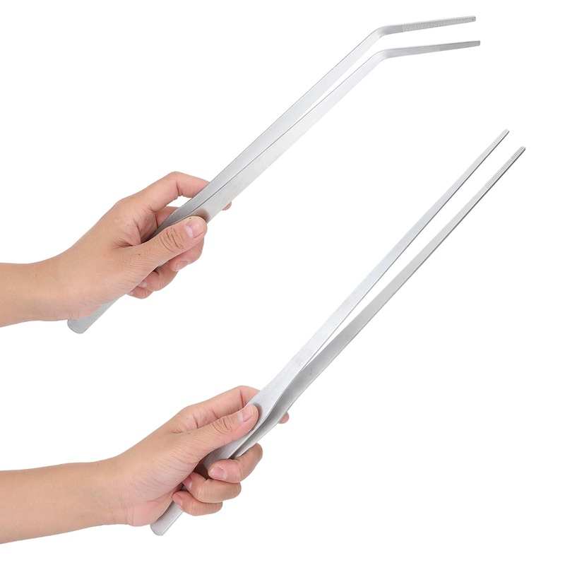 2 Pack Extra Long Aquarium Tweezers 15 inches Heavy Duty Straight and Curved Tweezers Set Handle Serving Tongs Feed Clamp Stainless Steel Aquascape Tweezers for Fish Tank Plants Reptile Feeding Tongs