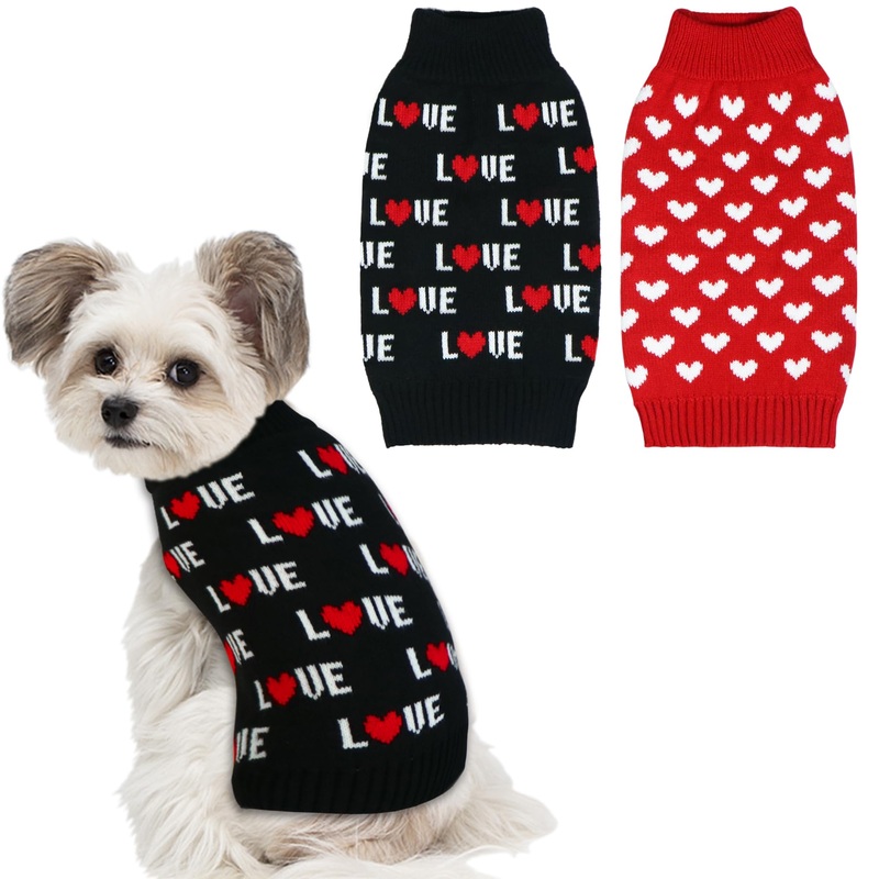 2 Pack Valentines Day Dog Sweater, Dog Valentines Day Clothes Dog Valentines Outfit Knitted Dog Sweaters for Small Medium Large Dogs Pets (Red Heart & Black Love, M) Red Heart & Black LOVE