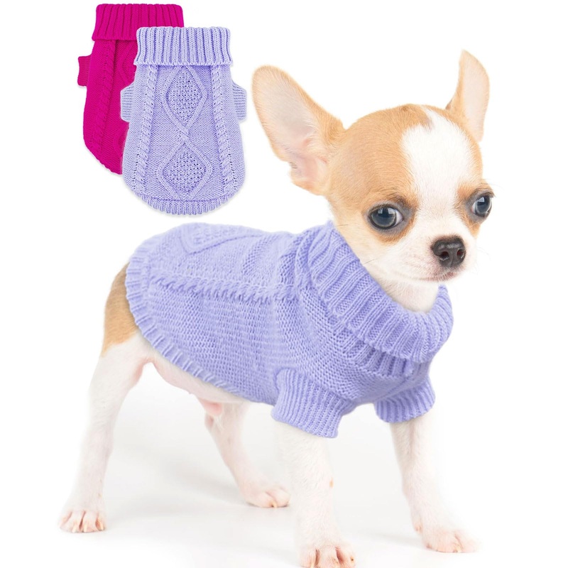 2 Pieces Dog Sweater for Small Dogs Chihuahua Clothes Spring Winter Cute Knitwear Turtleneck Thick Warm Clothes for Yorkie Cat Extra Small Dog Clothes (XX-Small) XX-Small plaid Rose+Purple
