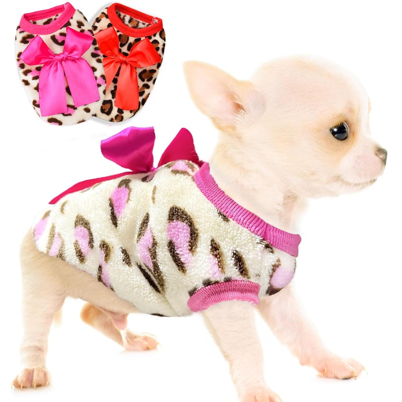 2 Pieces Dog Sweater for Small Dogs XXS Dog Clothes Chihuahua Dog Clothes Leopard Teacup Chihuahua Yorkie Puppy Clothes XXS Dog Sweater (Pink+RED, XX-Small) PINK+RED