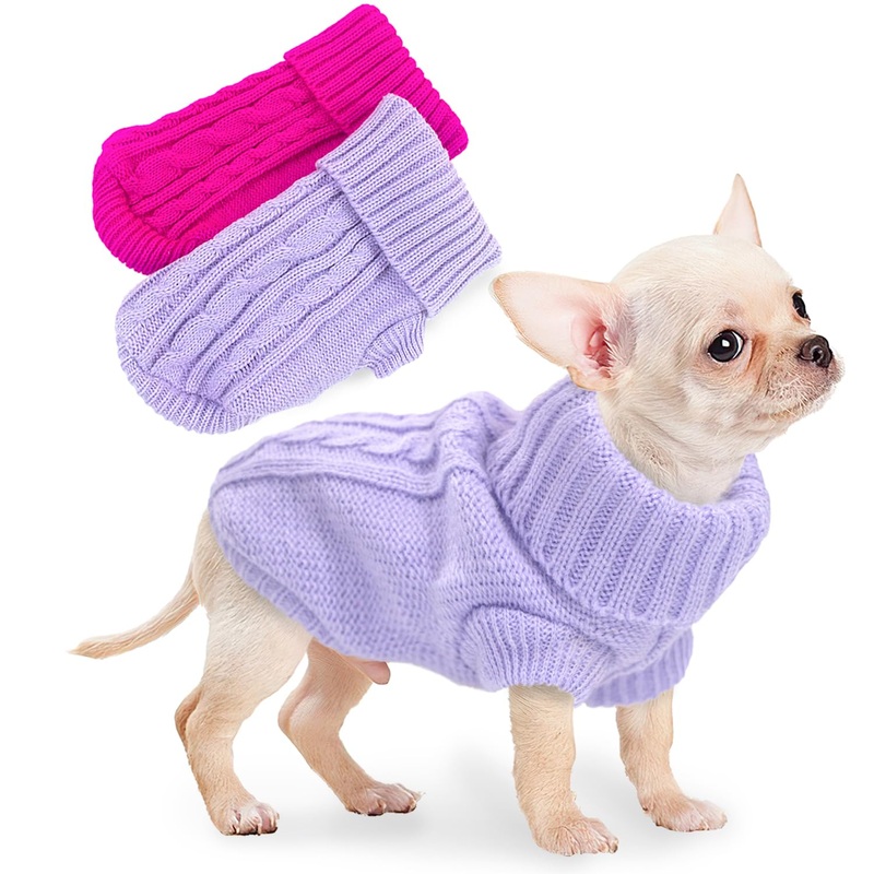 2 Pieces Dog Sweaters for Small Dogs Fall Dog Clothes Winter Warm Knitted Turtleneck Doggie Puppy Cat Sweater Pet Small Dog Sweater for Dog Girls, Chihuahua, Yorkie, Kitten, Teacup Dogs, Pink, XXS XX-Small Purple+Rose
