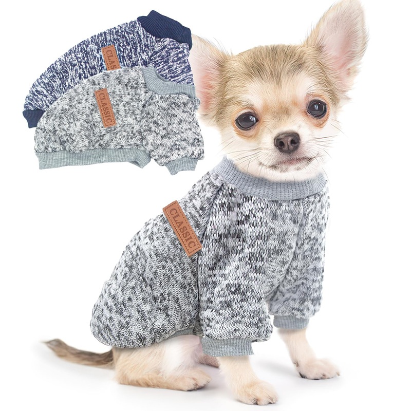 2 Pieces Dog Sweaters for Small Dogs Winter Fleece Puppy Sweaters Warm Cute Dog Clothes Outfit for Chihuahua Yorkie Dog Classic Knitwear Sweater Pet Costume (XX-Small) XX-Small Navy Blue+Grey