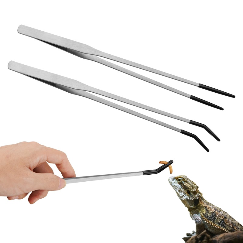 2PCS Stainless Steel Reptile Feeding Tongs with Rubber Tip, 10.6 Straight & Curved Long Tweezers for Aquarium or Craft, Bearded Dragon Tank Snakes Enclosure Accessories, Terrarium Supplies