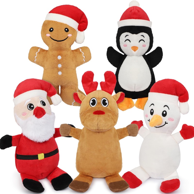 5 Pack Christmas Squeaky Dog Toys, Pet Stuffed Plush Toys for Dog Puppy, Durable Chew Bite Toys for Small Medium Large Dogs, Interactive Xmas Reindeer, Penguin, Snowman for Aggressive Chewers 5 Packs