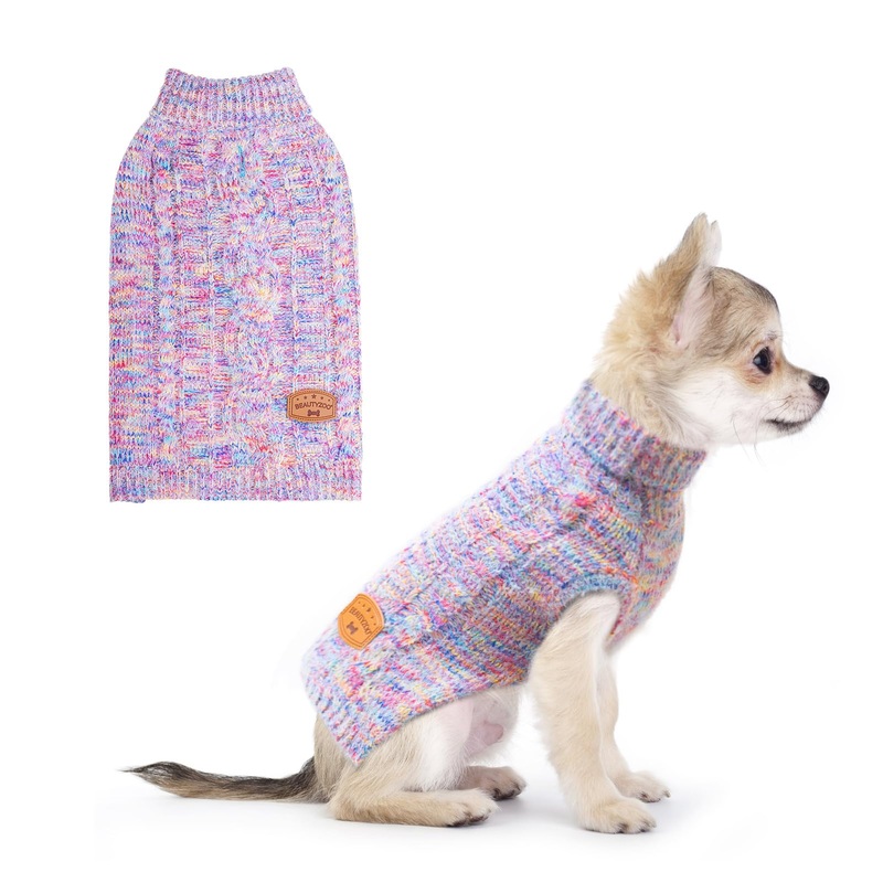BEAUTYZOO Small Dog Sweater -Turtleneck Pullover Classic Cable Knit Fuzzy Winter Coat Dog Cold Weather Clothes for Small Medium Dogs Puppy Girl Boys(Rainbow Pink, XS) XS (Back: 10″, Chest: 14″, Neck: 9″) Gradient Pink
