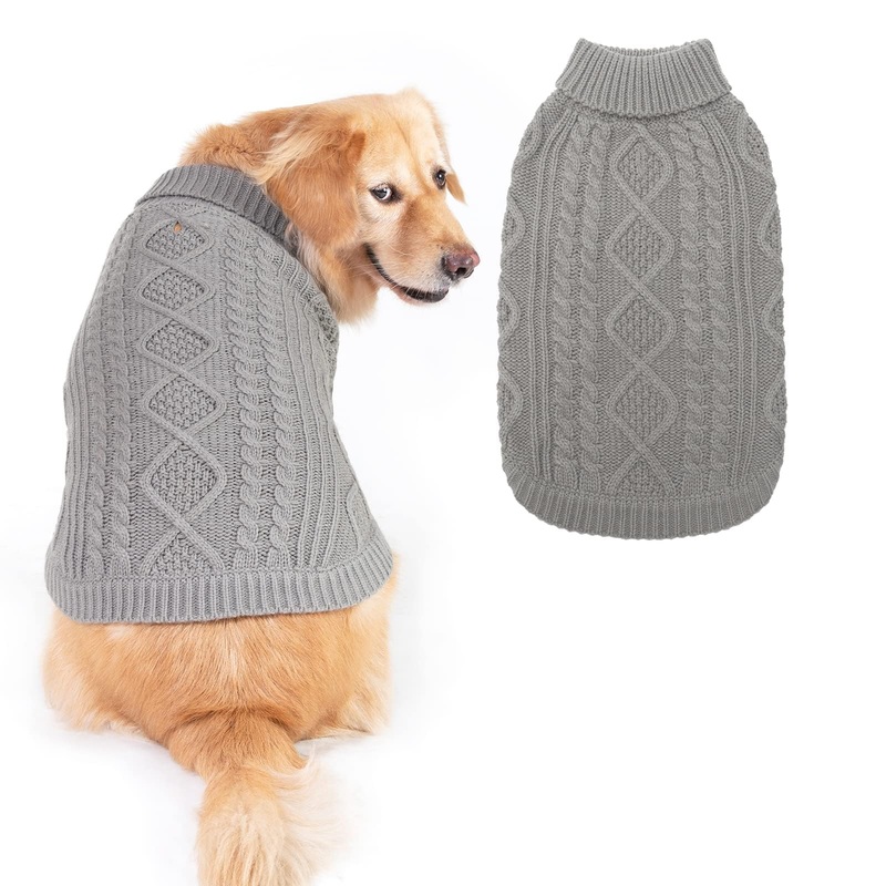 BINGPET Thermal Knitted Dog Sweater for Small Medium Large Dogs,Winter Dog Cat Coat Warm Sweartershirts Outfits,Classic Cable Knit Turtleneck Pullover Dog Jumper Coat Warm Sweartershirts Grey