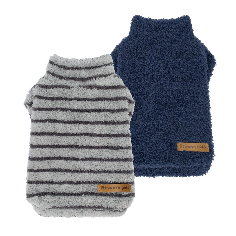 Fitwarm 2 Pack Striped Fleece Dog Sweater, Warm Winter Dog Clothes for Small Dogs Boy Girl, Fuzzy Pet Outfit, Doggy Pullover Jumper, Grey, Navy, Small Blue-Grey