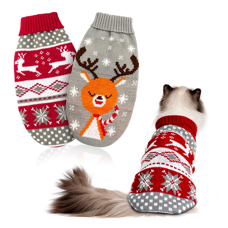 HYLYUN Cat Christmas Sweater 2 Packs – Puppy Christmas Sweater Pet Reindeer Snowflake Sweaters for Kittys and Small Dogs S Grey and Red (Pack of 2)