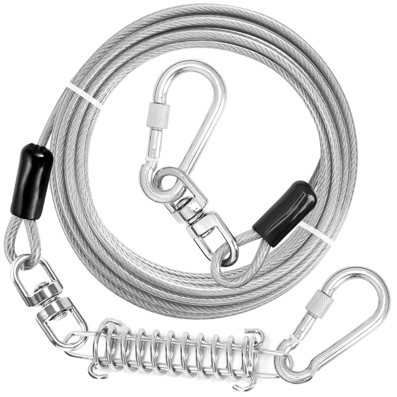 jenico Dog Tie Out Cable, 10/15/20/30/40/50/70/100/150FT Dog Runner Cable with Swivel Hook and Shock Spring, Dog Leash Run Tether for Yard Outdoor and Camping,for Small to Medium Pets Up to 500 LBS White 10FT