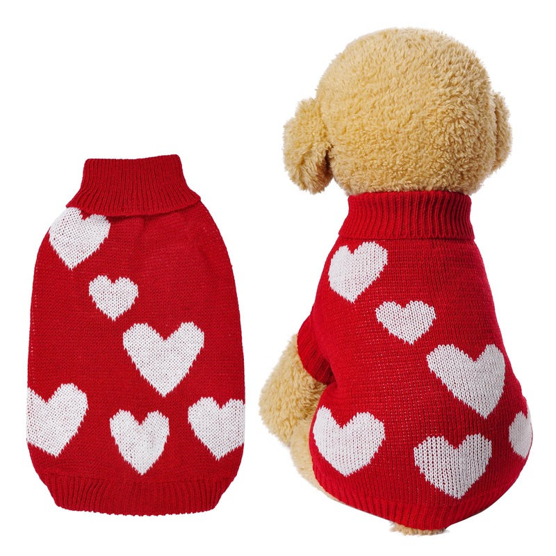Knitted Dog Sweater Heart Puppy Sweater Winter Warm Pullover Turtleneck Knitwear Pet Holiday Clothes for Small Dogs and Cats (Red, Medium) Red