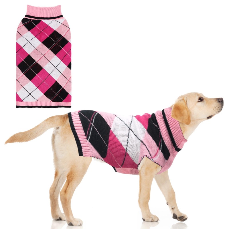 KOOLTAIL Dog Sweater Pet Knitted Clothes – Classic Plaid Pull Over Turtleneck Dog Sweaters with Leash Hole Warm Dogs Winter Clothing for Small Medium Dogs Cats Puppy L Large Pink2