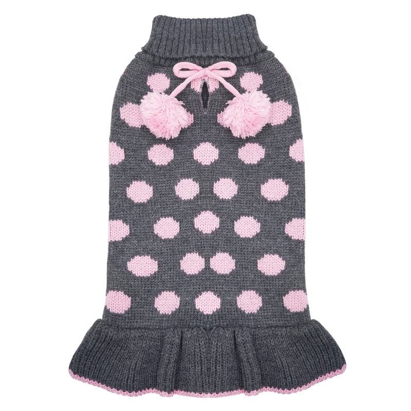KYEESE Dog Sweaters with Leash Hole for Small Dogs Turtleneck Dog Sweater Dress for Girl Polka Dot Knit Pullover Doggie Sweater Warm Pet Sweater Medium (6-13lbs) 01# Polkadot (Grey)